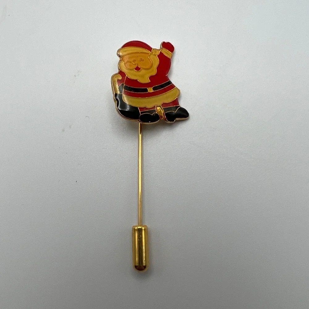 Vintage Santa Claus Pins Lot of Two Enamel Gold Tone One Stick Pin